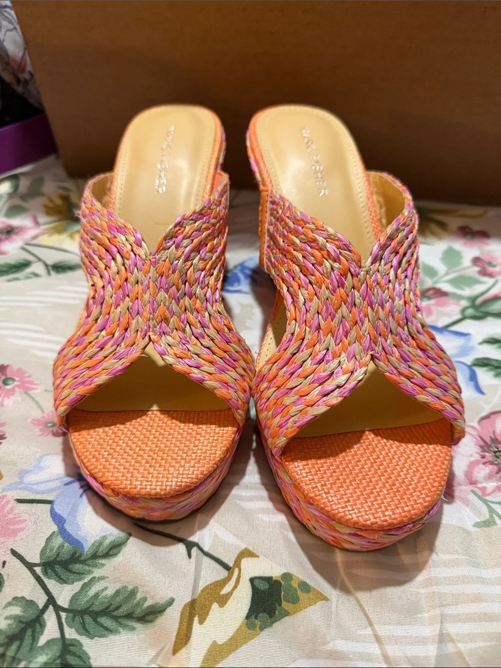 Marc Fisher Braided Espadrille Wedge Sandals in Orange and Pink